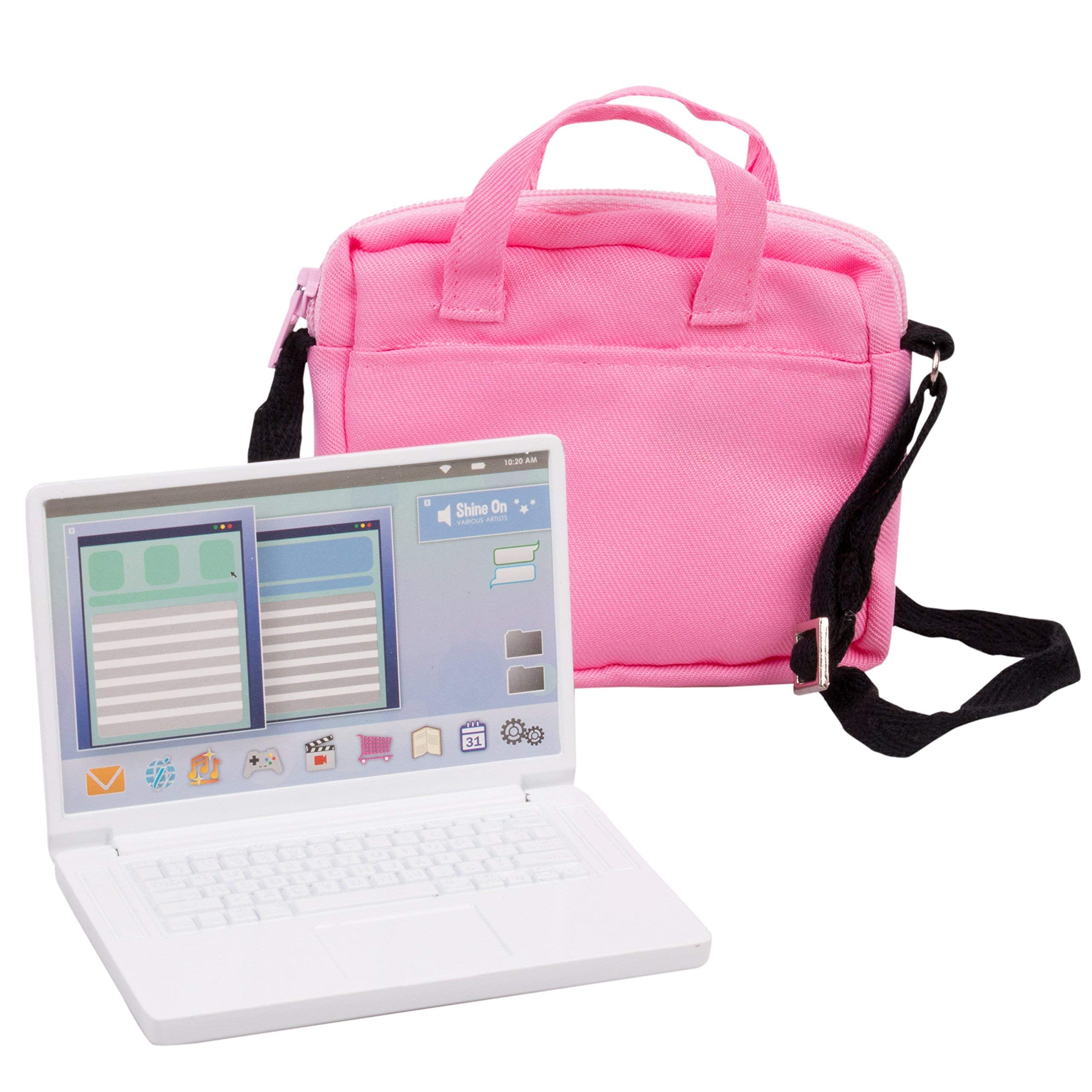 Dress Along Dolly metal laptop display for 18-inch dolls; durable play accessory.