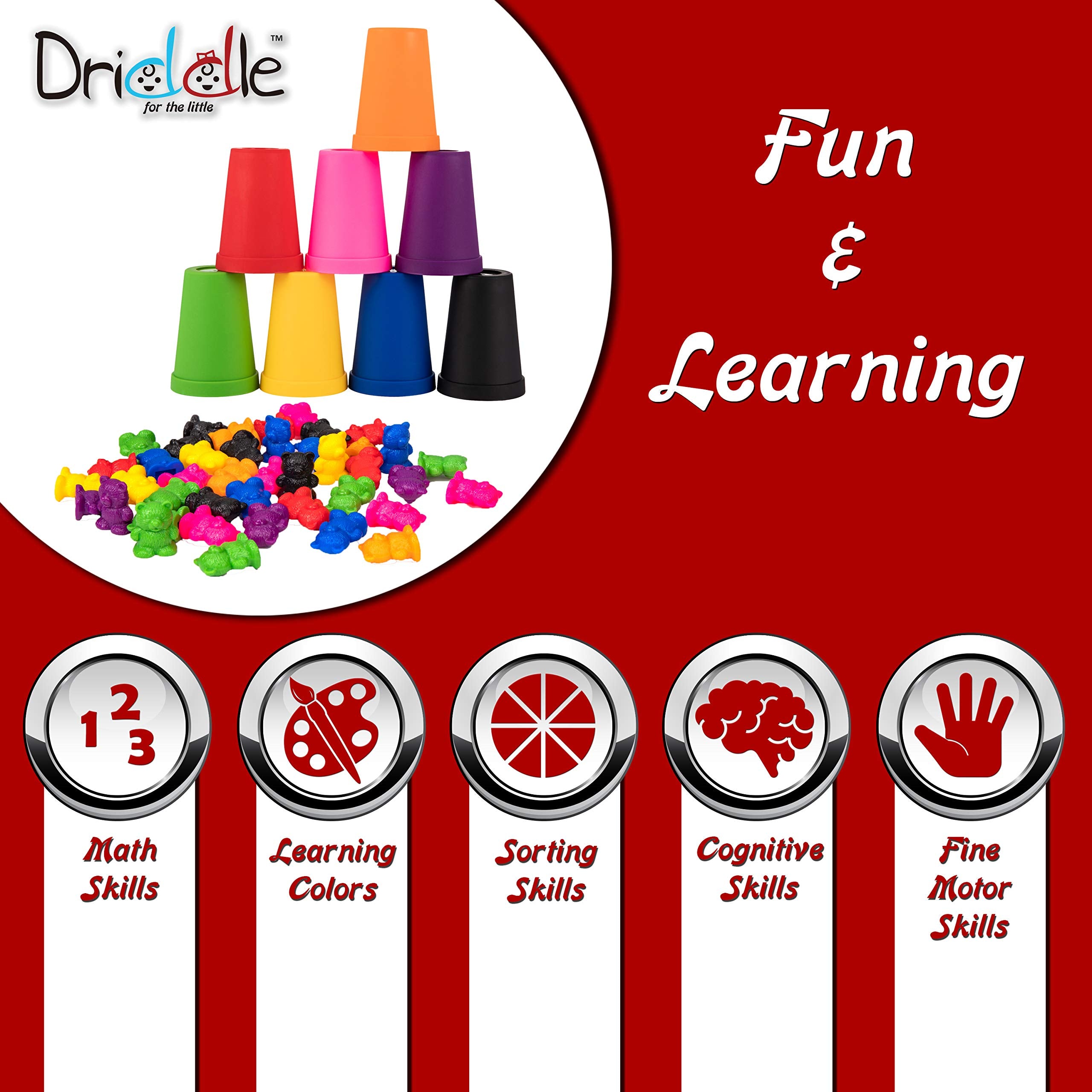 Driddle bears and cups demonstrate sorting and counting for preschoolers