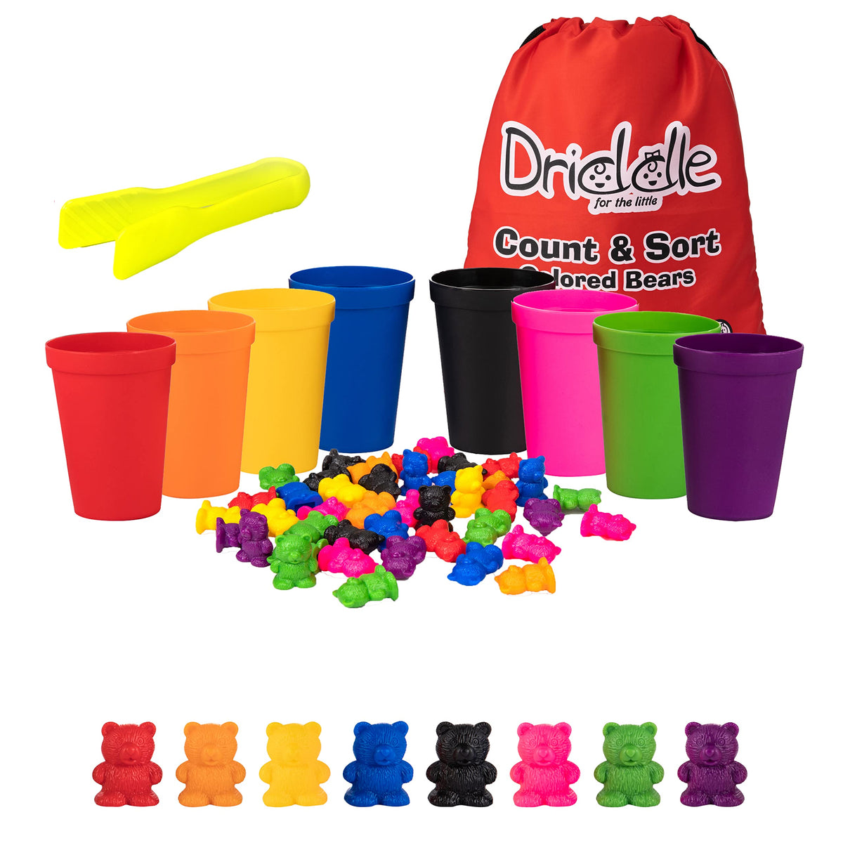 Driddle Colorful Counting Bears with Cups arranged for color sorting practice