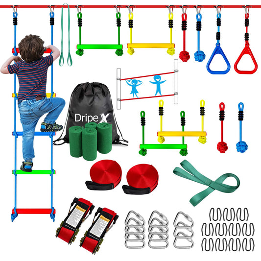 Dripex Ninja Warrior obstacle backyard setup showing family-friendly play.