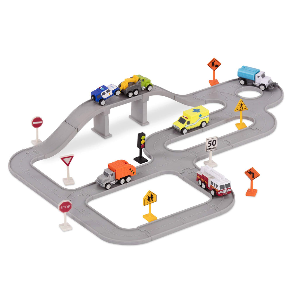 Driven by Battat city crew tracks and bridge for imaginative city-building