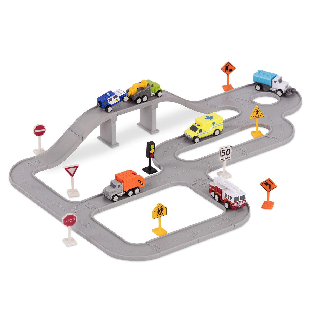 Driven by Battat city crew tracks and bridge for imaginative city-building