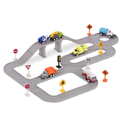 Driven by Battat city crew tracks and bridge for imaginative city-building