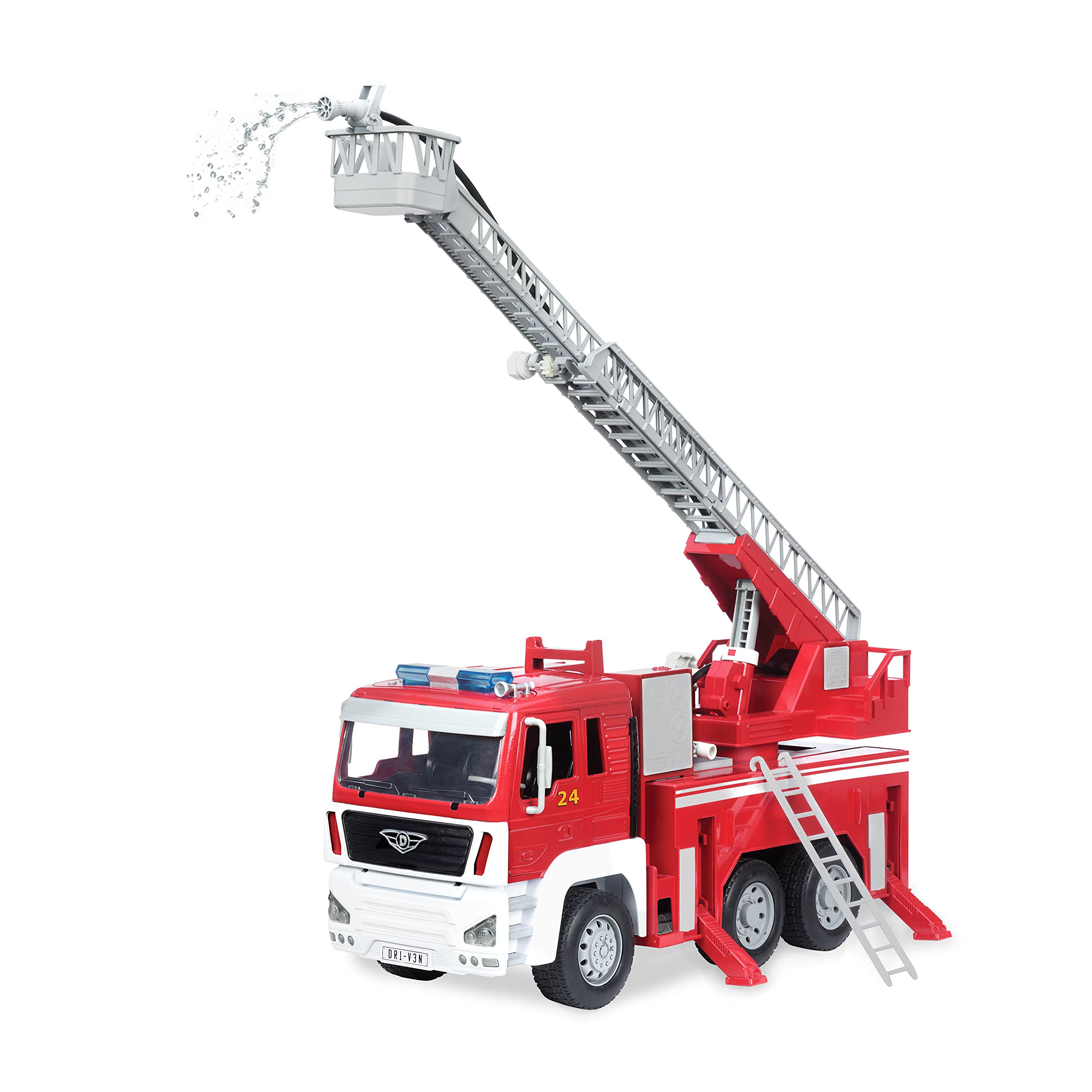Driven by Battat fire truck lights highlight realistic signals for pretend rescues.