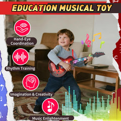 Drmukie Kids Guitar Toy red side angle highlights lightweight design for easy carrying