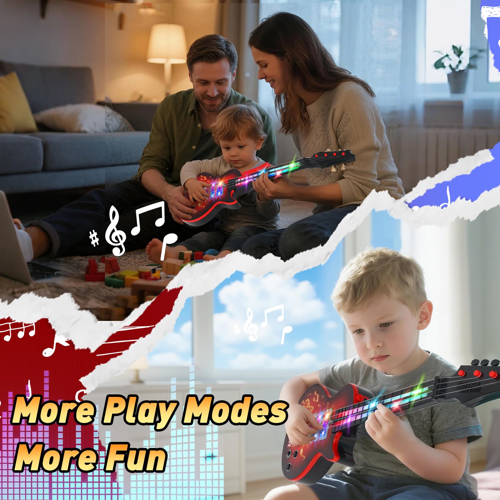 Drmukie Kids Guitar Toy red strap-ready design supports portable playtime
