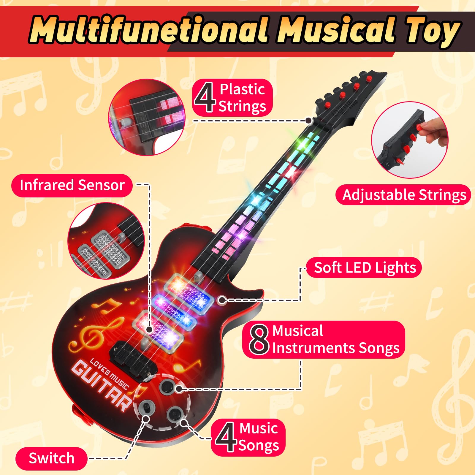 Drmukie Kids Guitar Toy red strings focus shows adjustable strings for pitch exploration