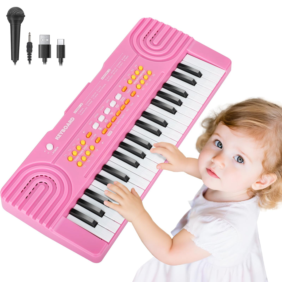 Drmukie pink 37-key kids piano front view for music learning