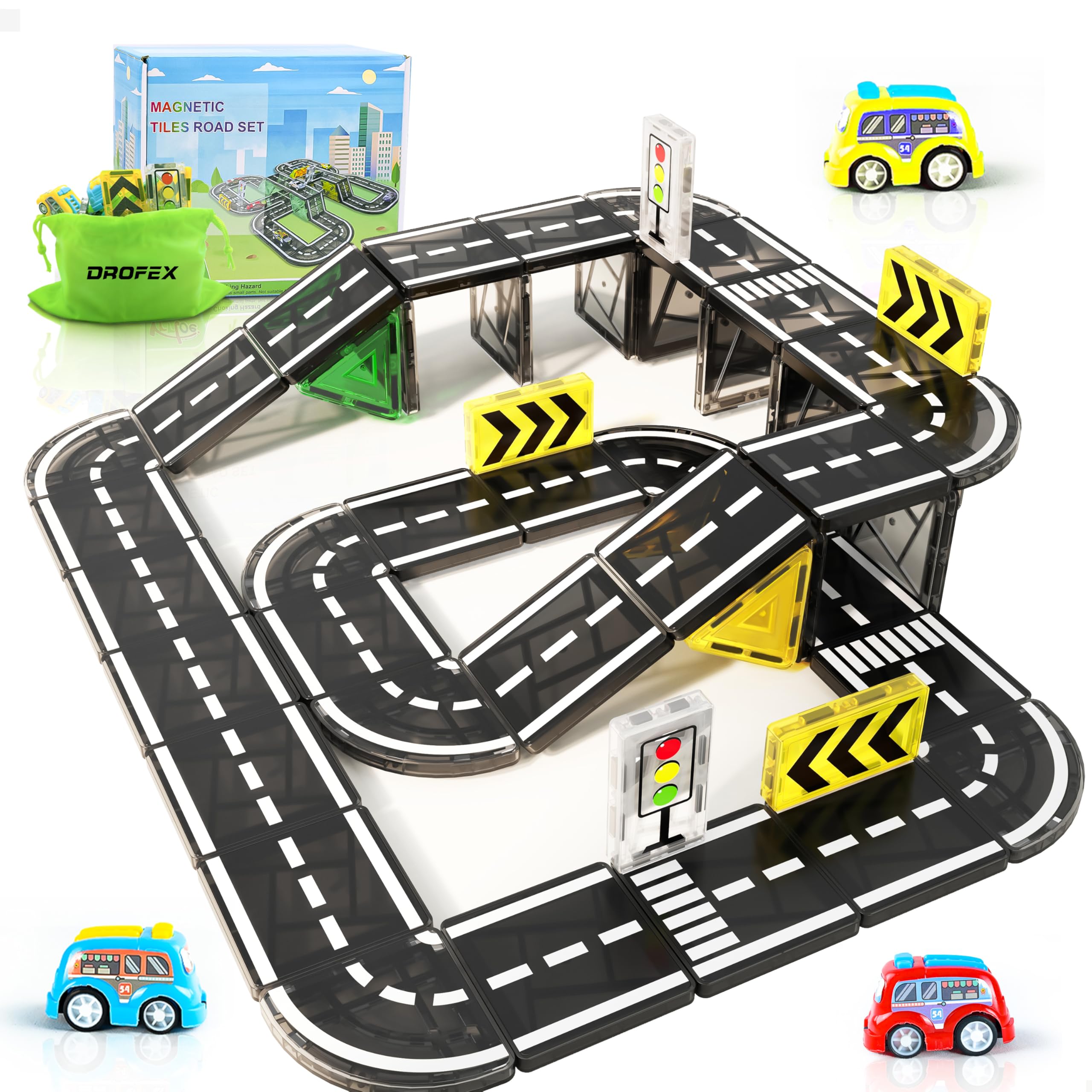 Drofex 42pc magnetic tiles road assembly for city building and imaginative play