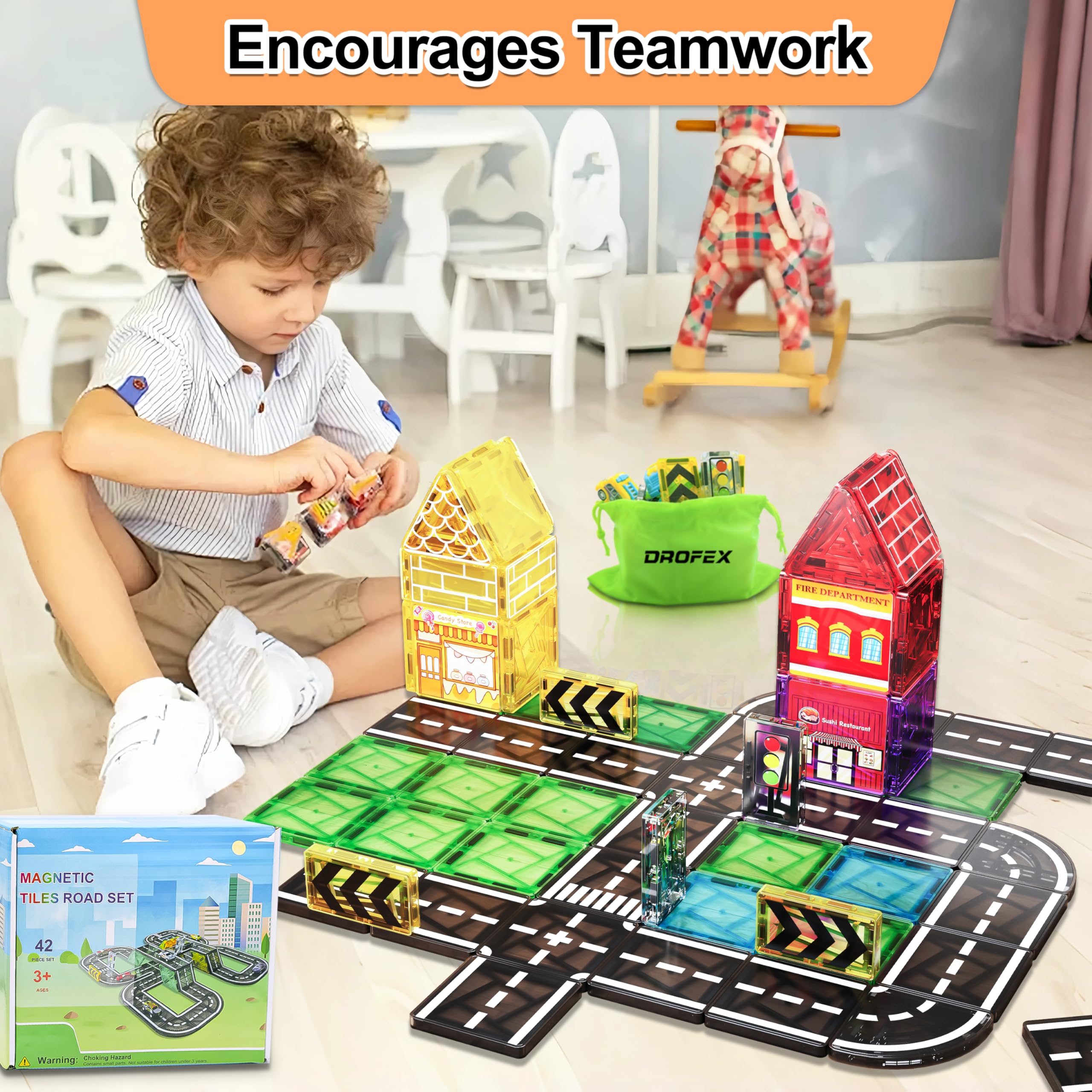 Drofex building blocks forming a small cityscape for pretend play