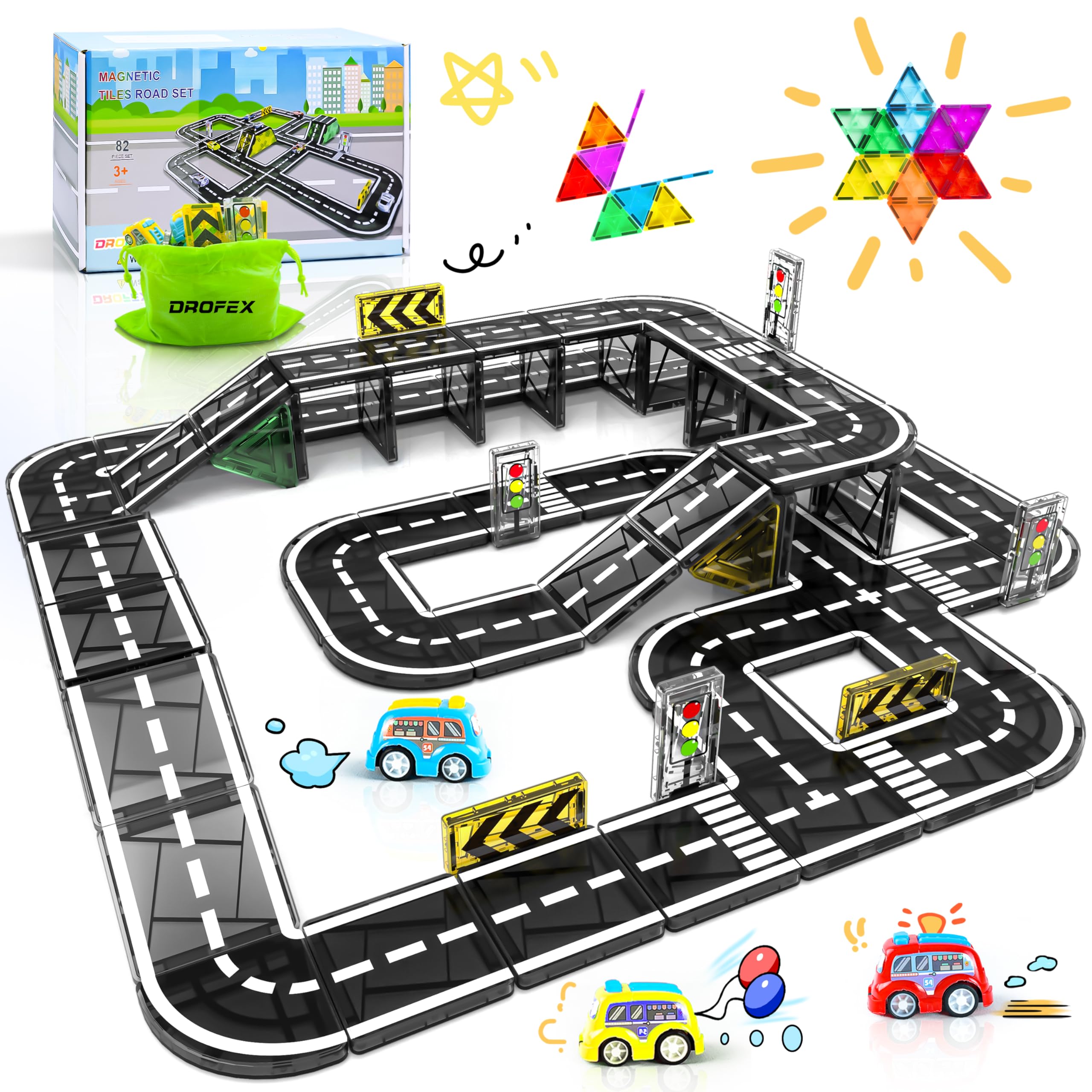 Drofex magnetic tiles road set front view for imaginative play and learning.