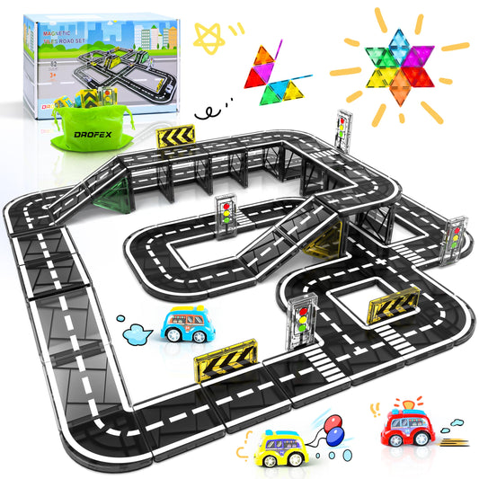 Drofex magnetic tiles road set front view for imaginative play and learning.