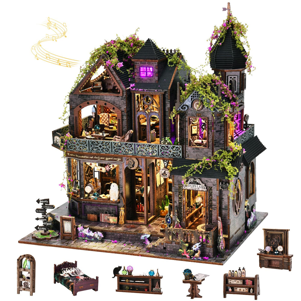 DROICC DIY Miniature House Kit shows Gothic Witch Castle with purple LED windows for a cozy display.