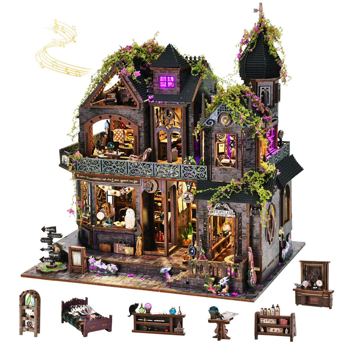 DROICC DIY Miniature House Kit shows Gothic Witch Castle with purple LED windows for a cozy display.