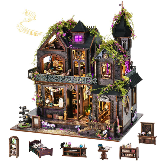 DROICC DIY Miniature House Kit shows Gothic Witch Castle with purple LED windows for a cozy display.