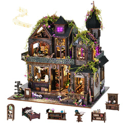 DROICC DIY Miniature House Kit shows Gothic Witch Castle with purple LED windows for a cozy display.