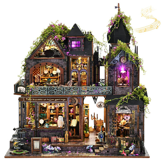 DROICC dollhouse magic city exterior highlights stone walls and balconies for a collectible focal point.