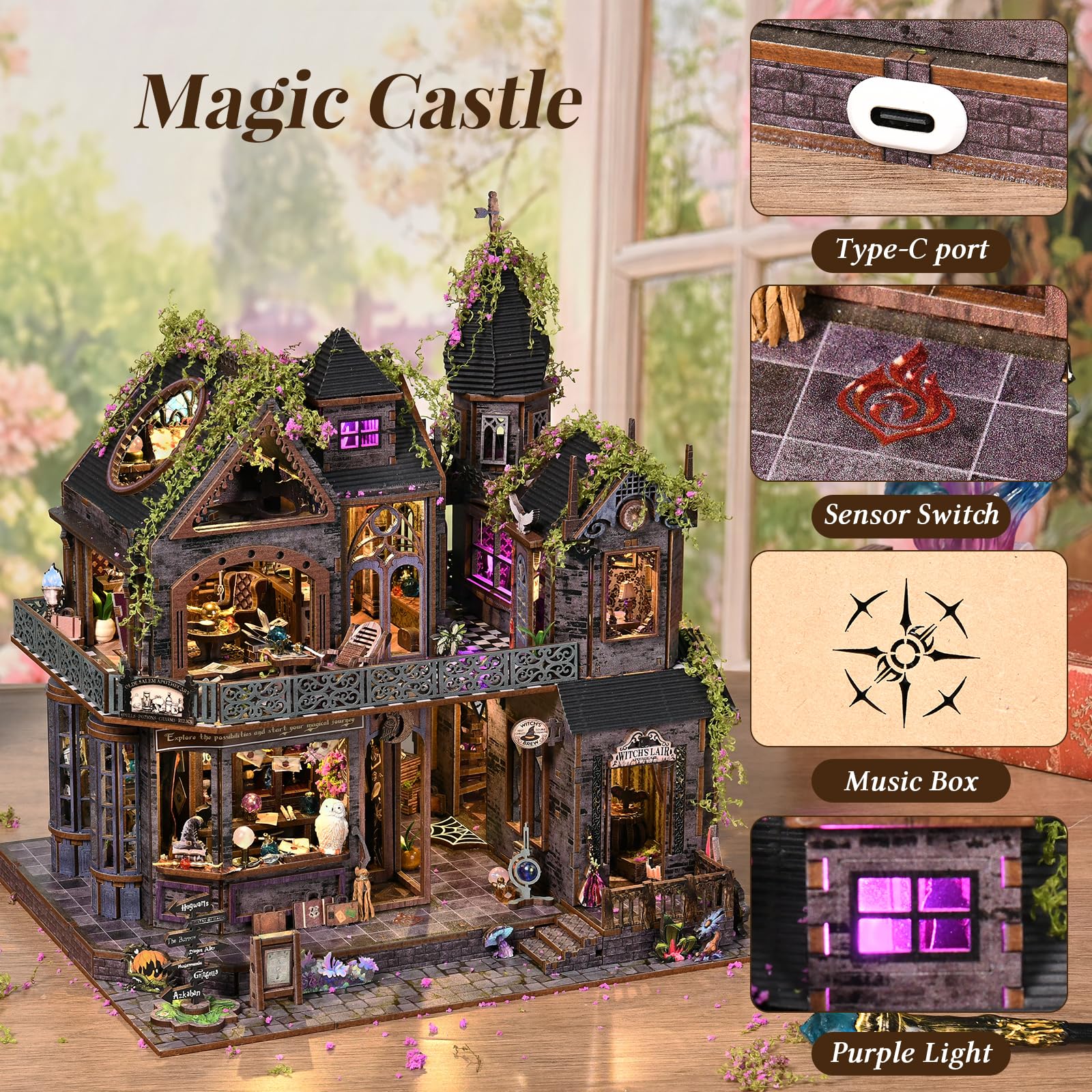 DROICC dollhouse magic city interior features owl, potions, and shelves for storytelling charm.