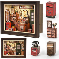 DROICC Mail and Gift Cottage diorama on a desk showcasing cozy workshop scene.