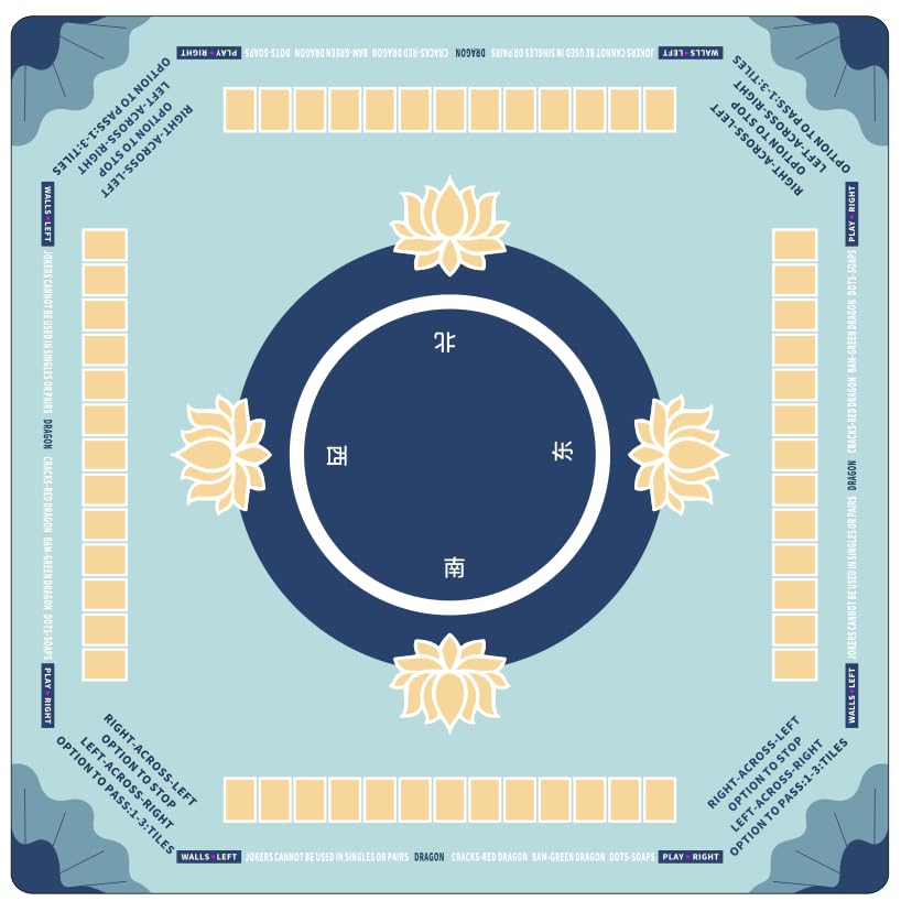 Drounphi Mahjong Mat in blue with lotus design keeps tiles organized during games