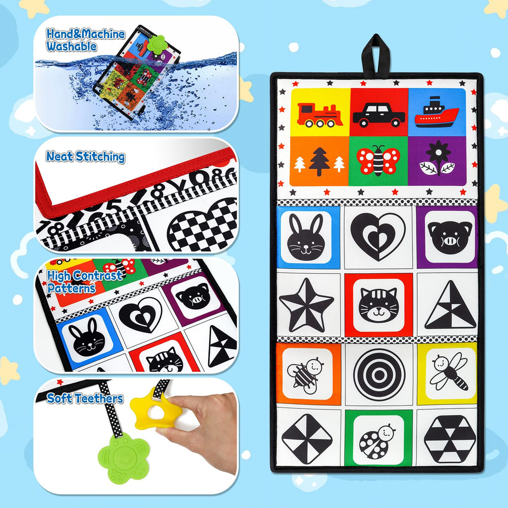 High-contrast patterns from Dr.Rapeti stimulate early visual recognition during tummy time.