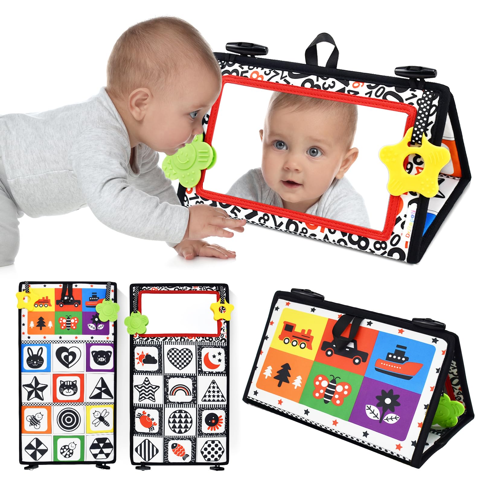 Dr.Rapeti tummy-time floor mirror with high-contrast patterns for engaging visual exploration.