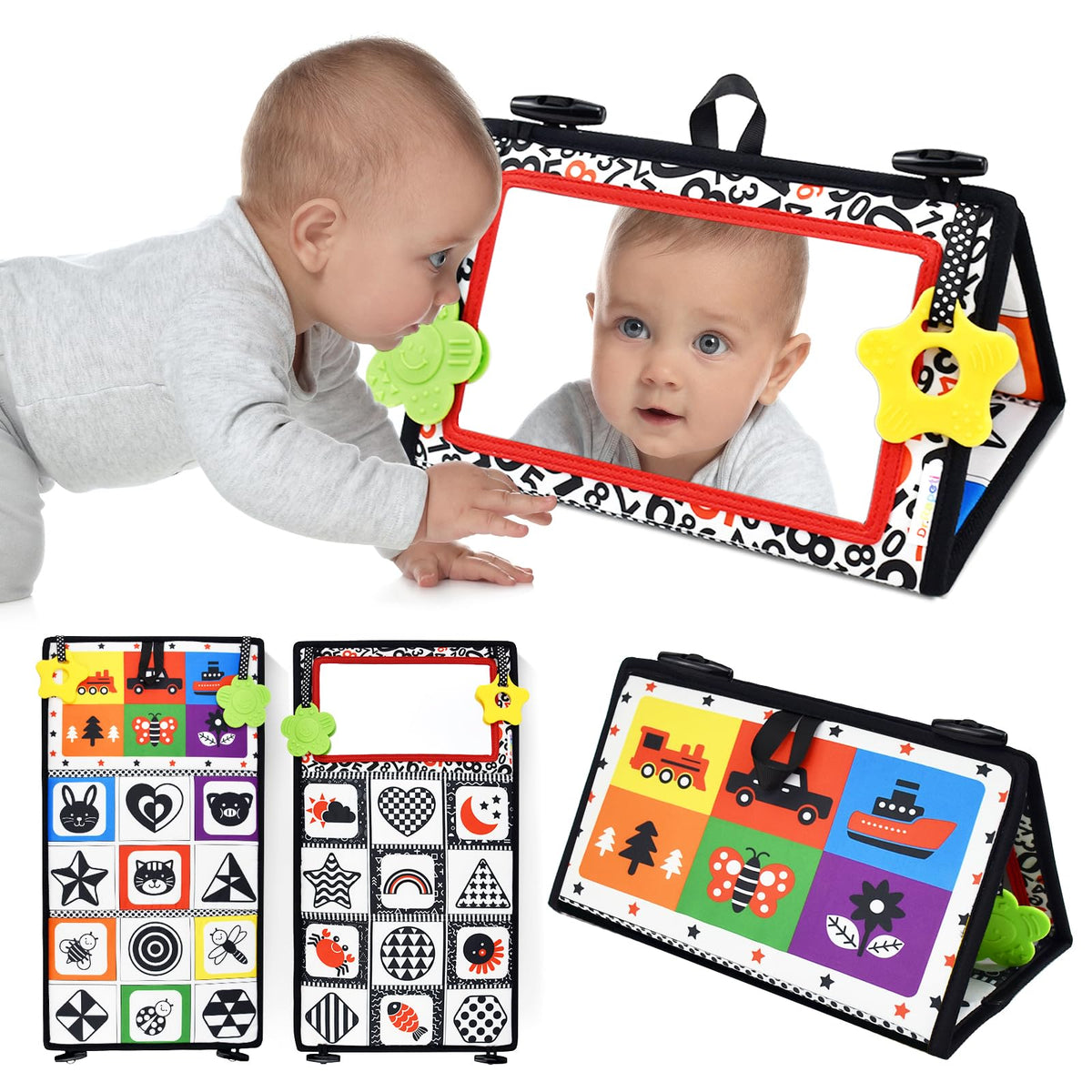 Dr.Rapeti tummy-time floor mirror with high-contrast patterns for engaging visual exploration.