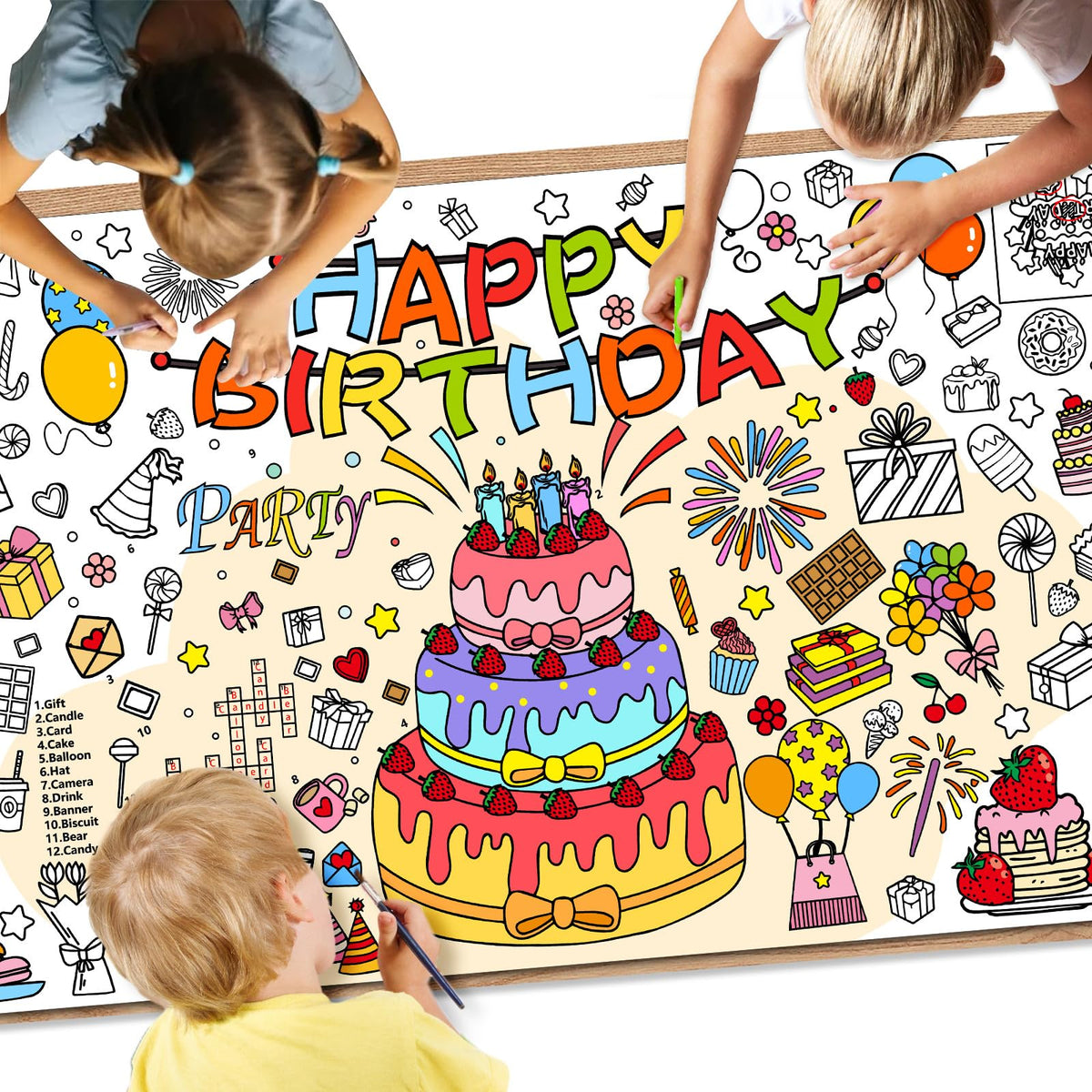 Drunze Happy Birthday Giant Poster on table with spacious coloring area