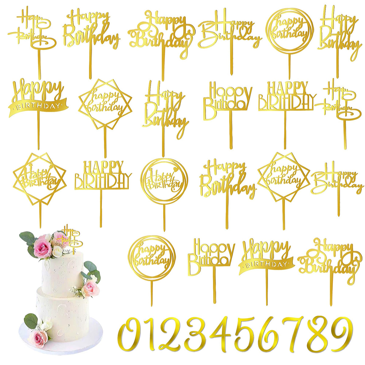DRWATE gold happy birthday topper set ready for cake decoration
