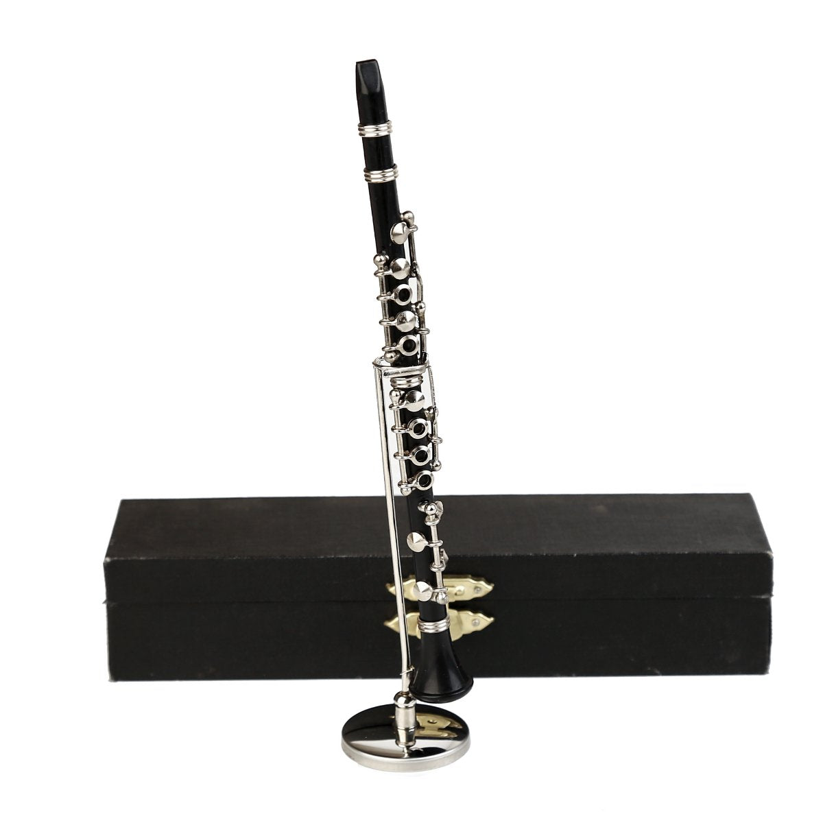 Dselvgvu miniature clarinet stand, a detailed resin-and-metal replica ideal for shelf display.