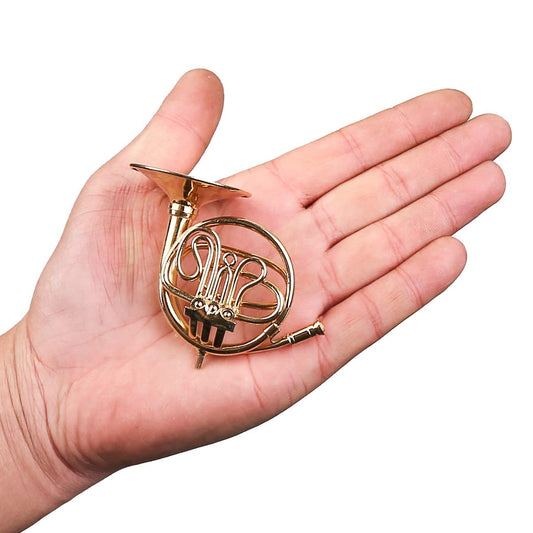 Dselvgvu miniature brass french horn with velvet case for safe storage.