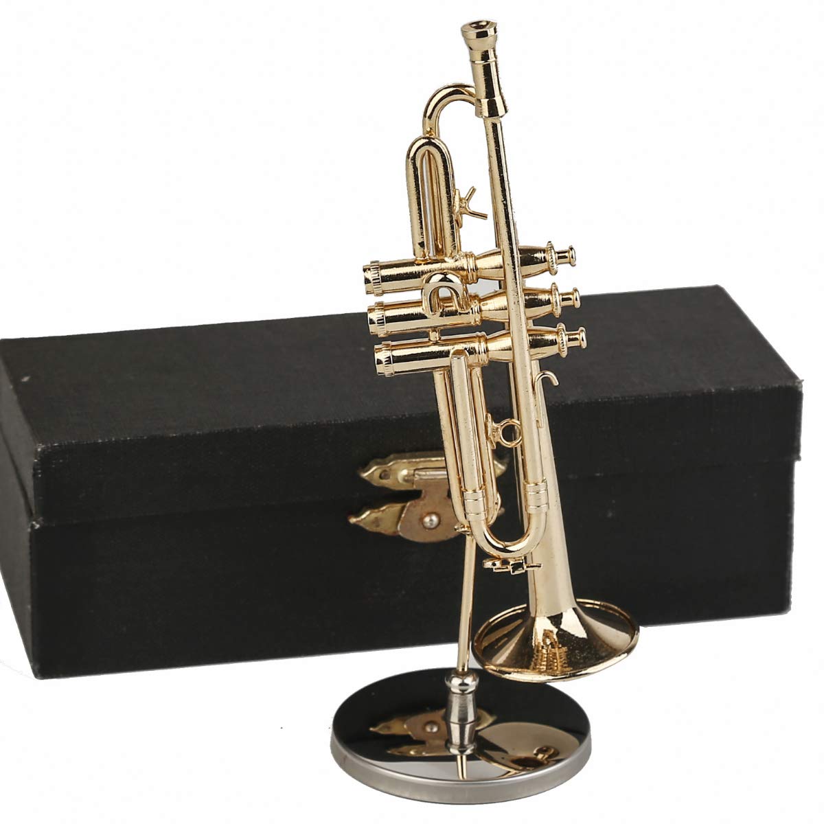 Dselvgvu miniature trumpet on stand showcases detailed brass craftsmanship for display.