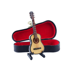 Dselvgvu wooden miniature guitar with stand on display.