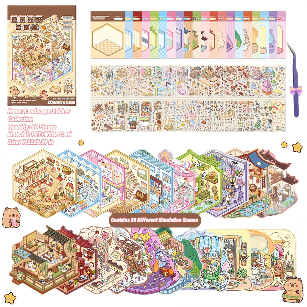 DSNJPZX DIY sticker scenes spread showcasing shop interiors and miniature scenes