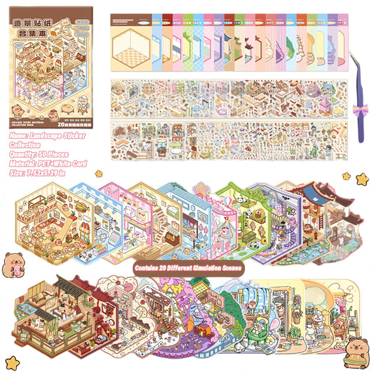 DSNJPZX DIY sticker scenes spread showcasing shop interiors and miniature scenes