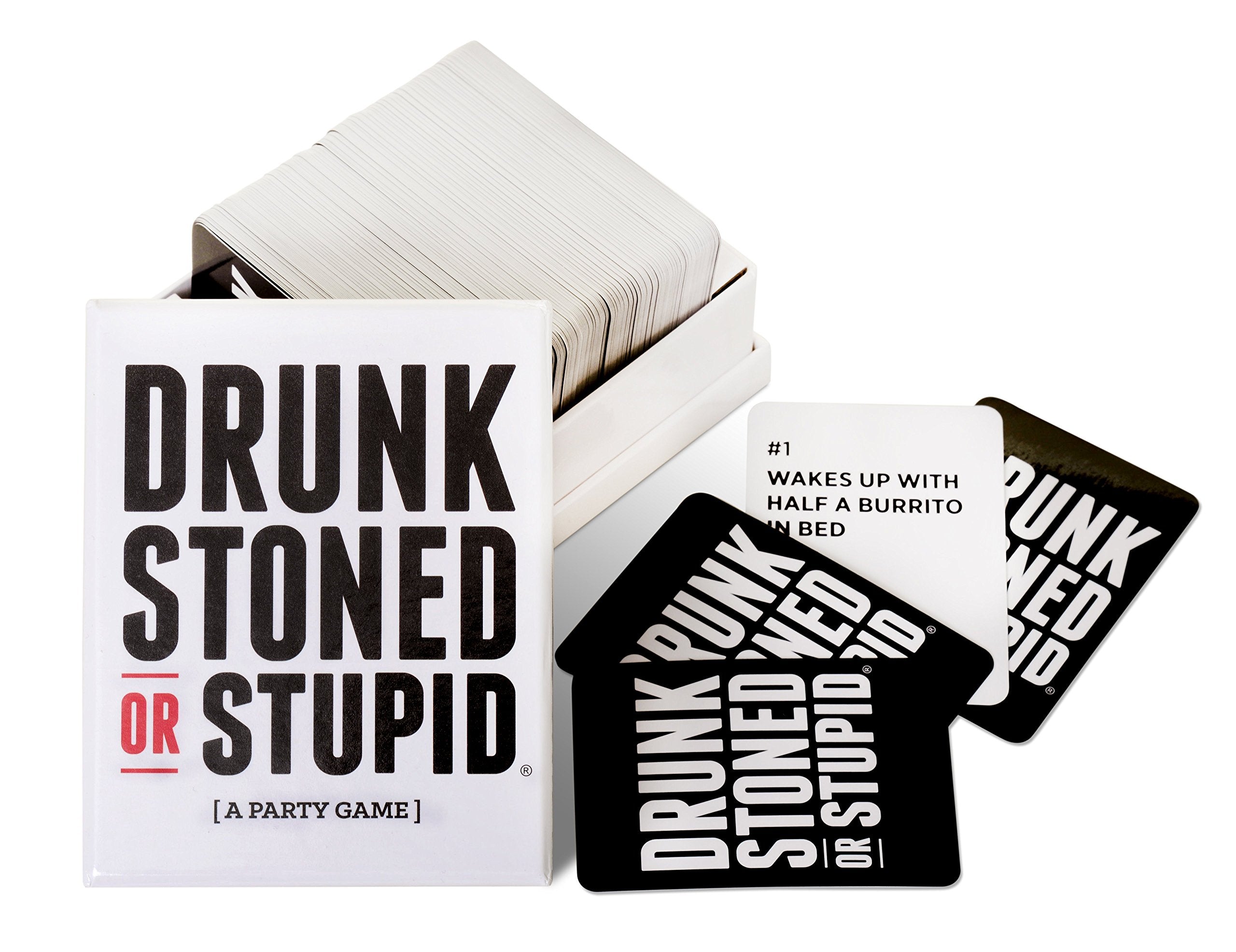 DSS Games Drunk Stoned or Stupid card deck showcasing outrageous prompts.