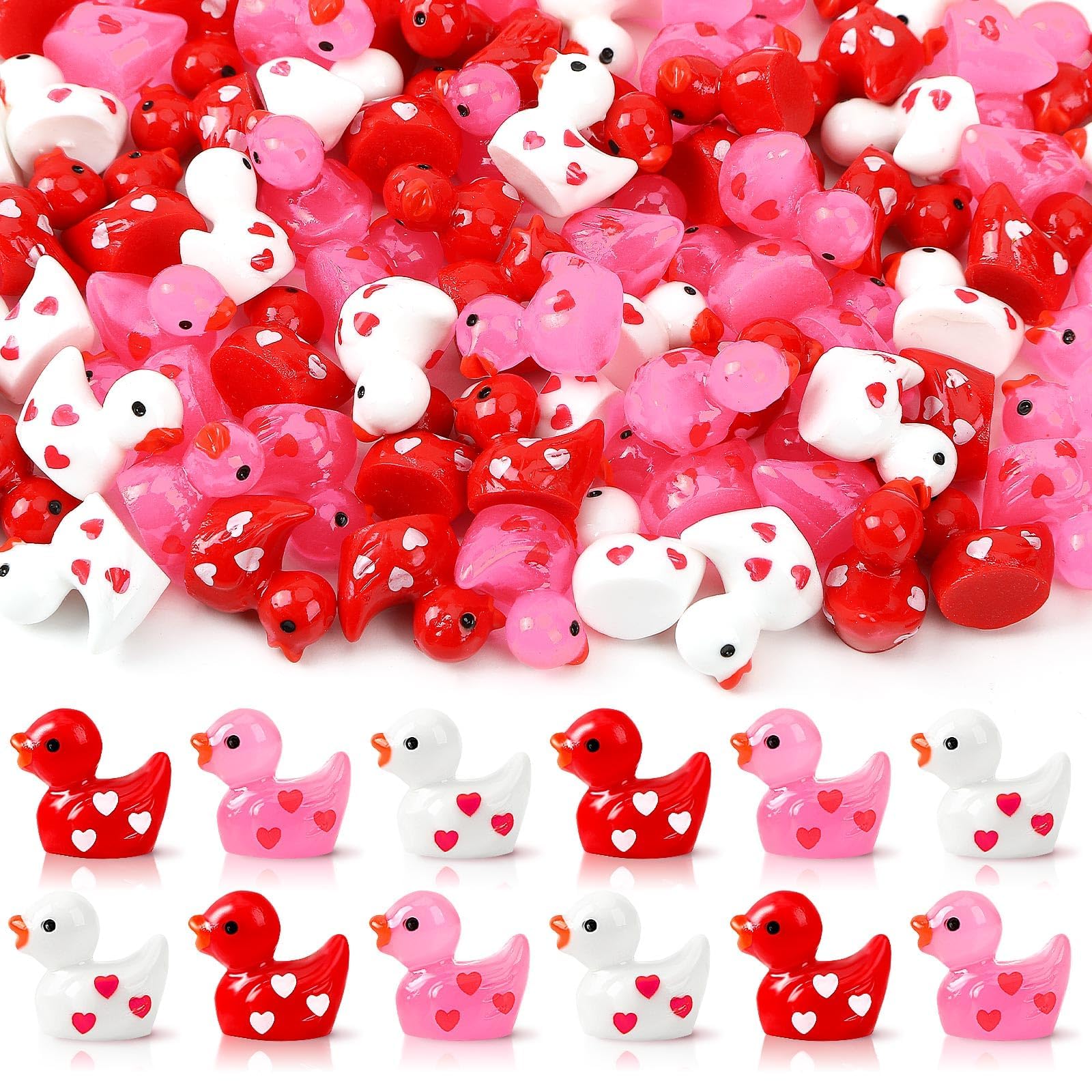 DTOFOOT mini Valentines ducks in red, pink, and white for dollhouse decor and tiny scenes.