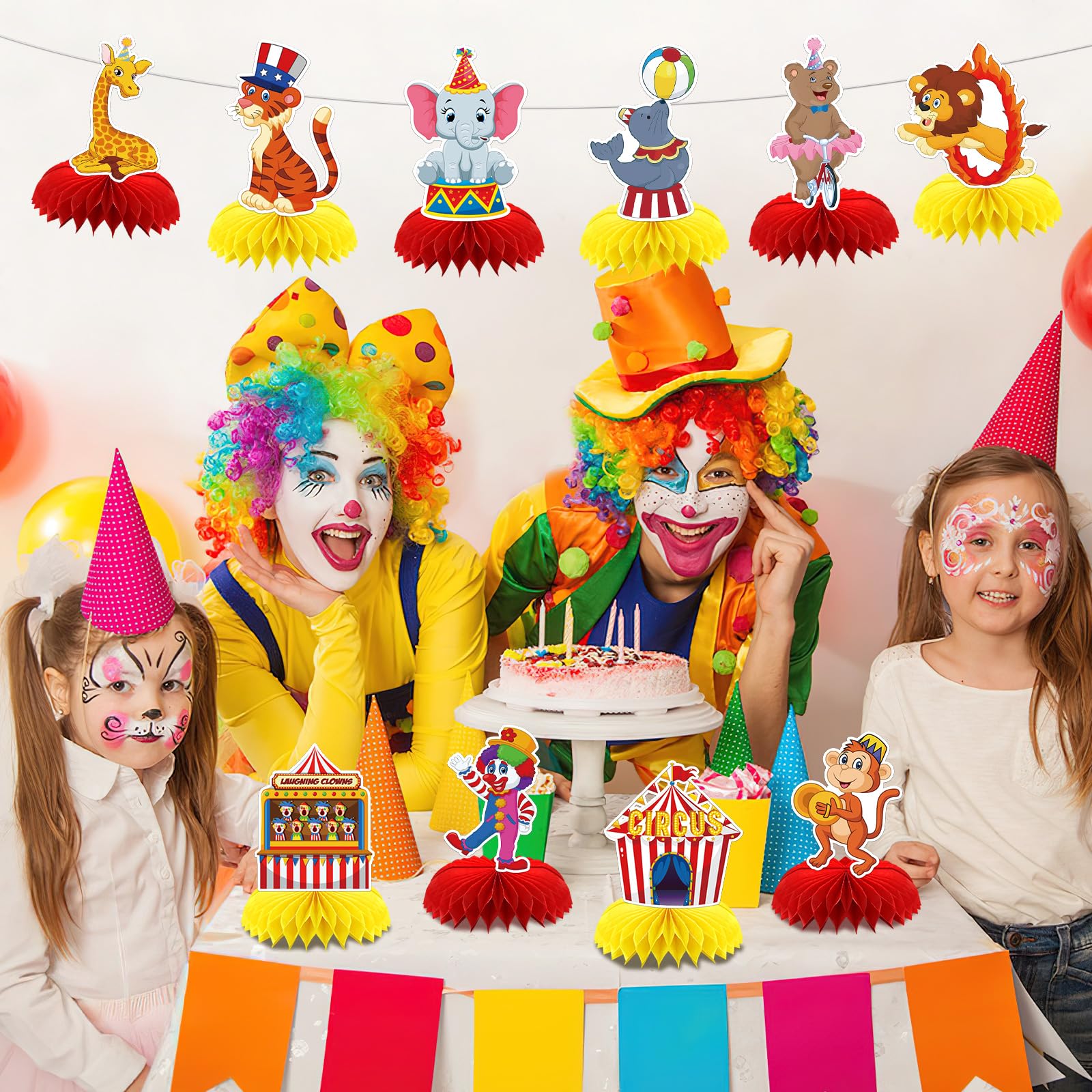 DTOFOOT Carnival centerpieces used as playful photo props at a party.