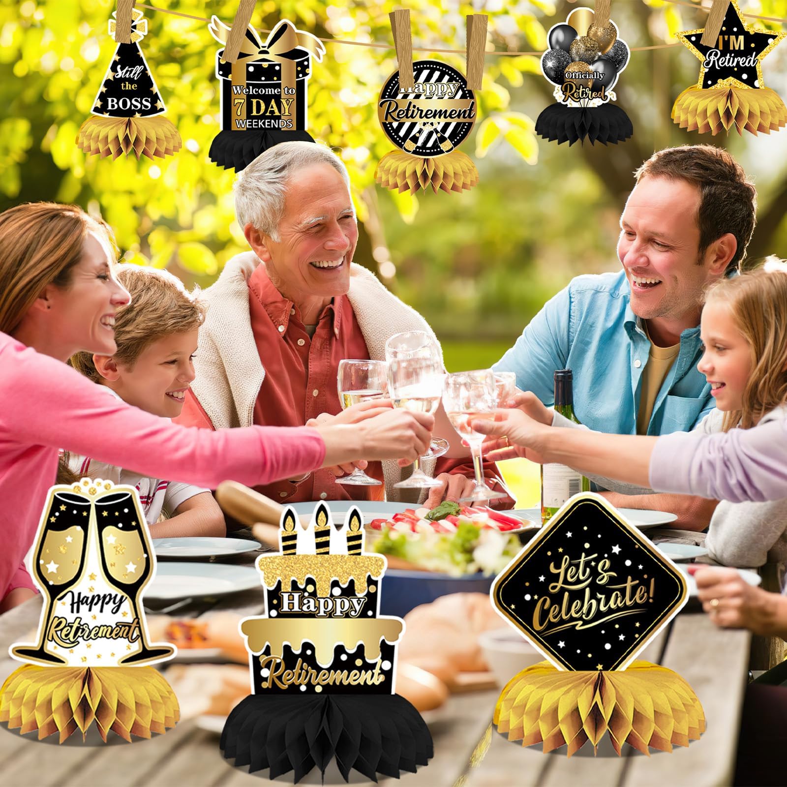 DTOFOOT retirement honeycomb centerpiece with shiny foil accents catches eyes.