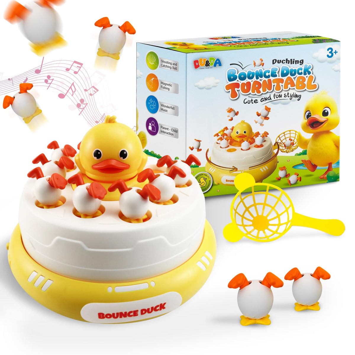DU&DA Pop Up Duck Catch Game board showing spinning ducks, boosting hand-eye coordination for kids.