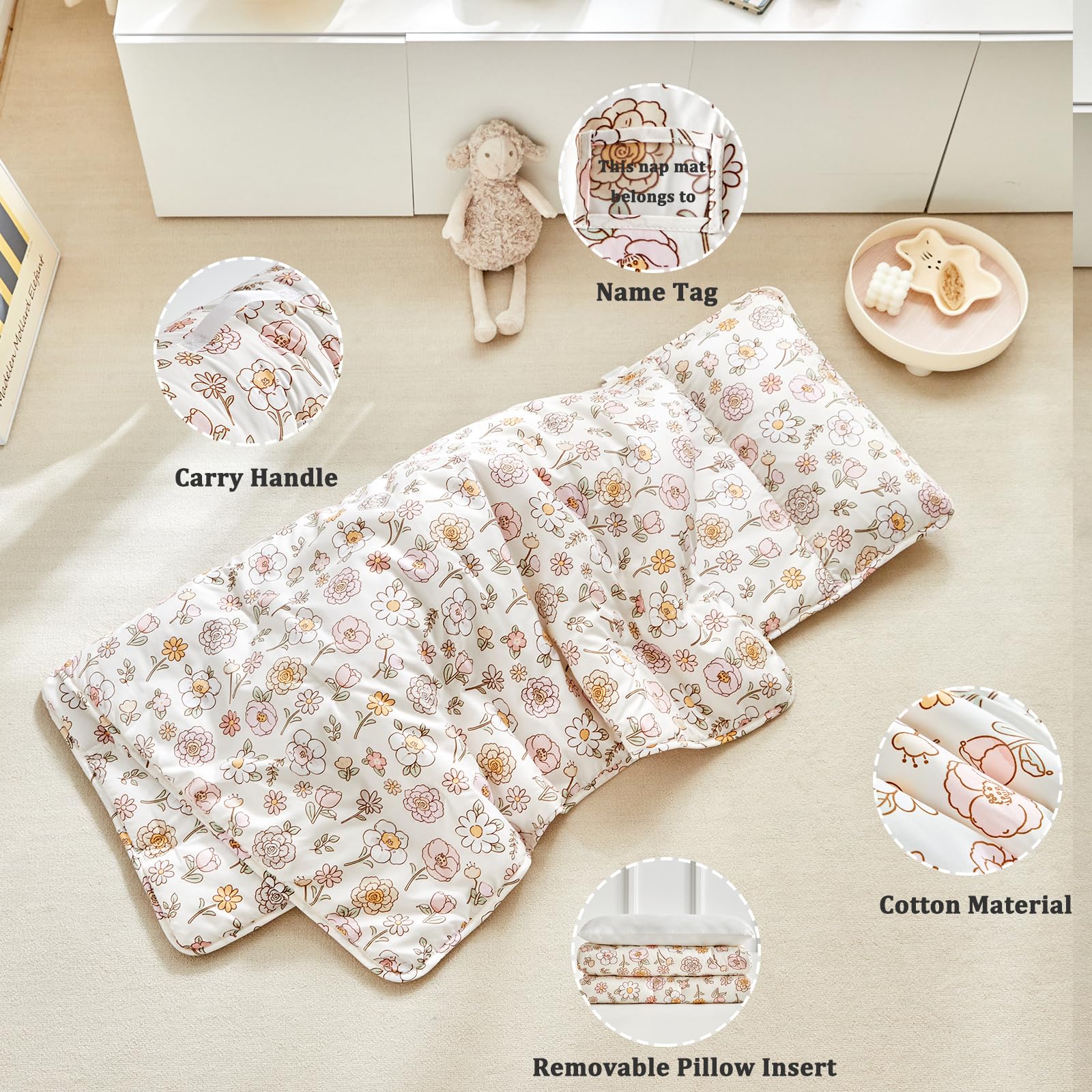 DuShow Nap Mat with built-in name tag for quick identification.
