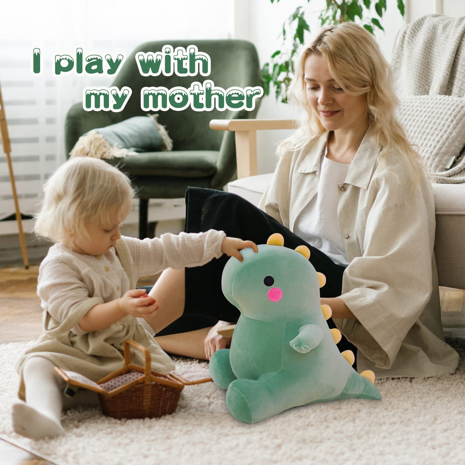 DUANMUL green 13in dinosaur plush shot, ideal cuddle companion.