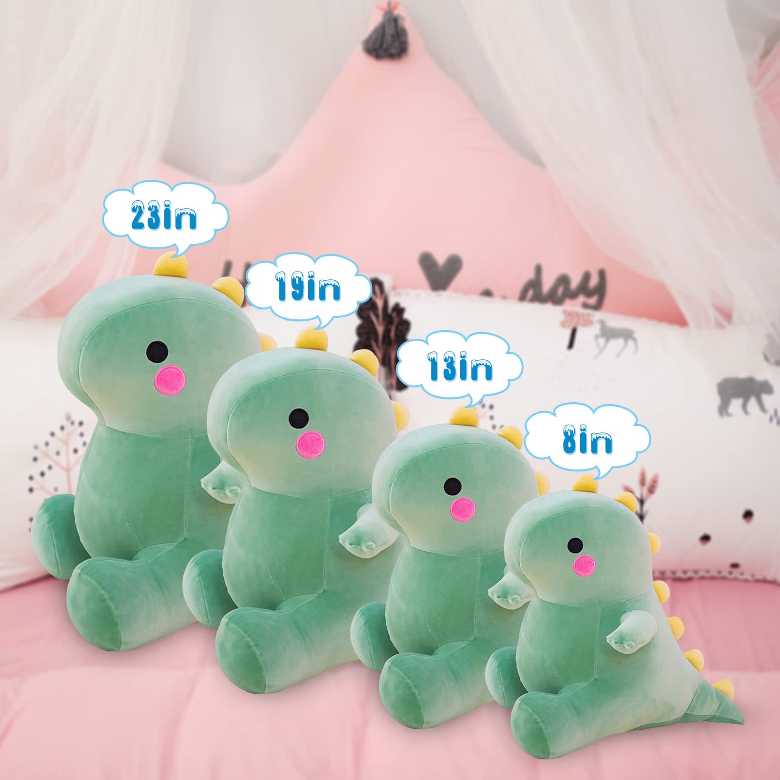 DUANMUL green 8in dinosaur plush face close-up, friendly expression for bedtime.