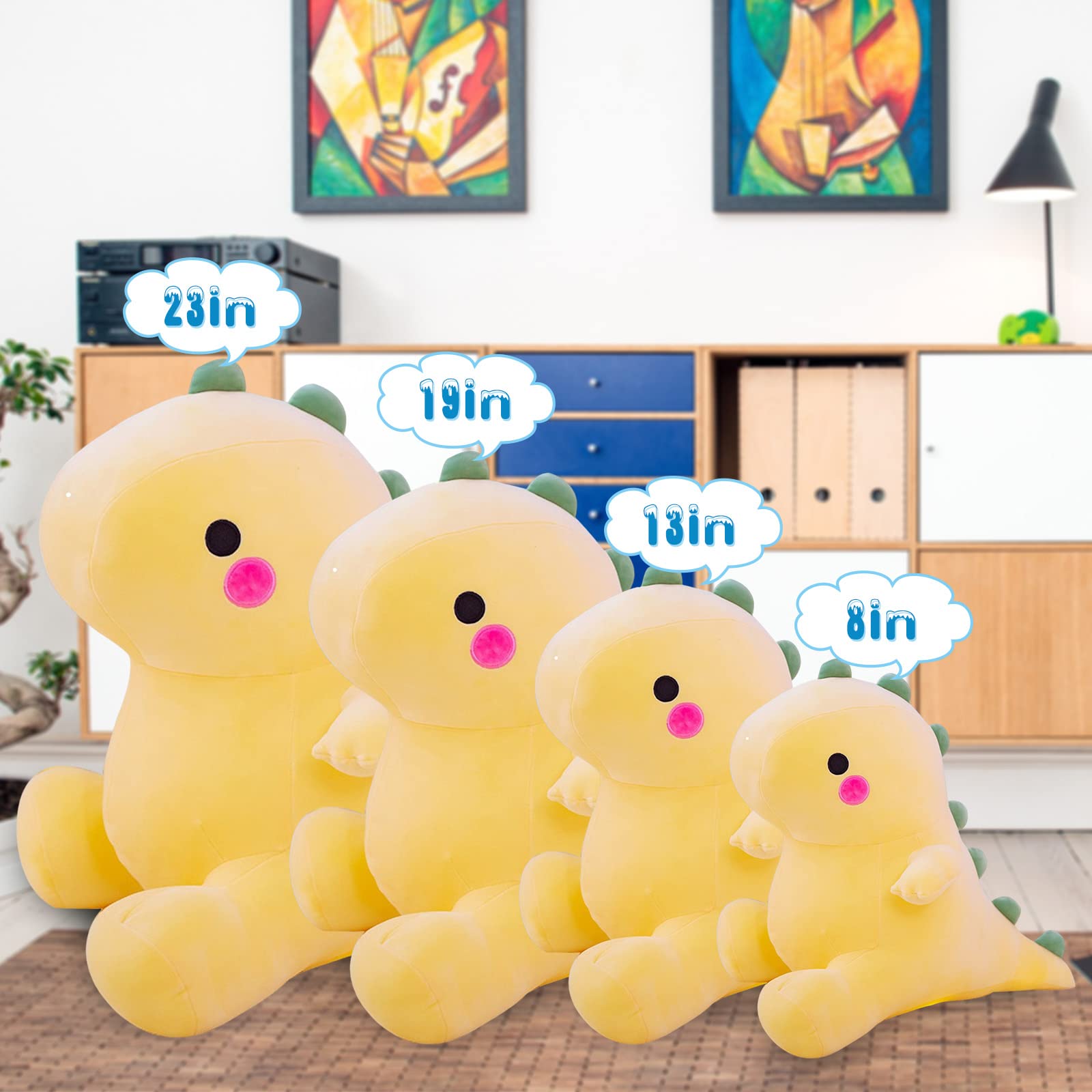 DUANMUL yellow dinosaur in hand demonstrates compact size for kids