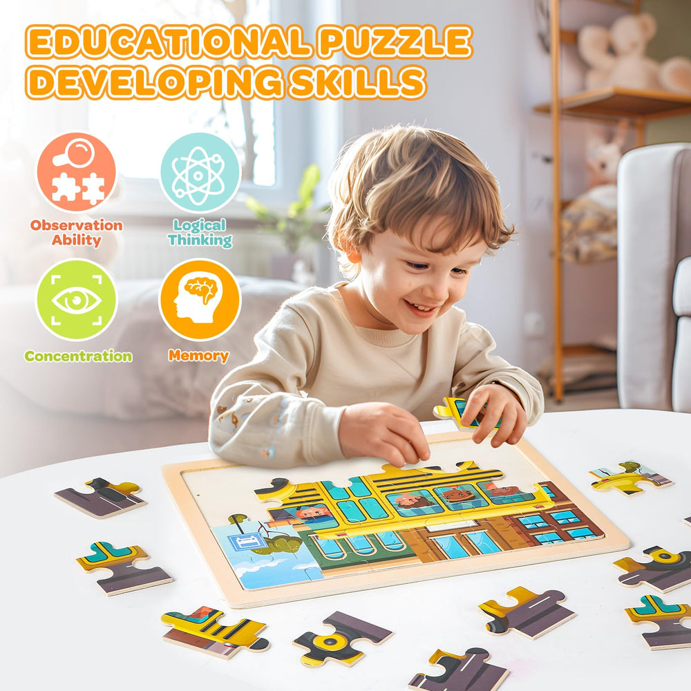 Duchong smooth-edged wooden puzzles designed for safe toddler play.