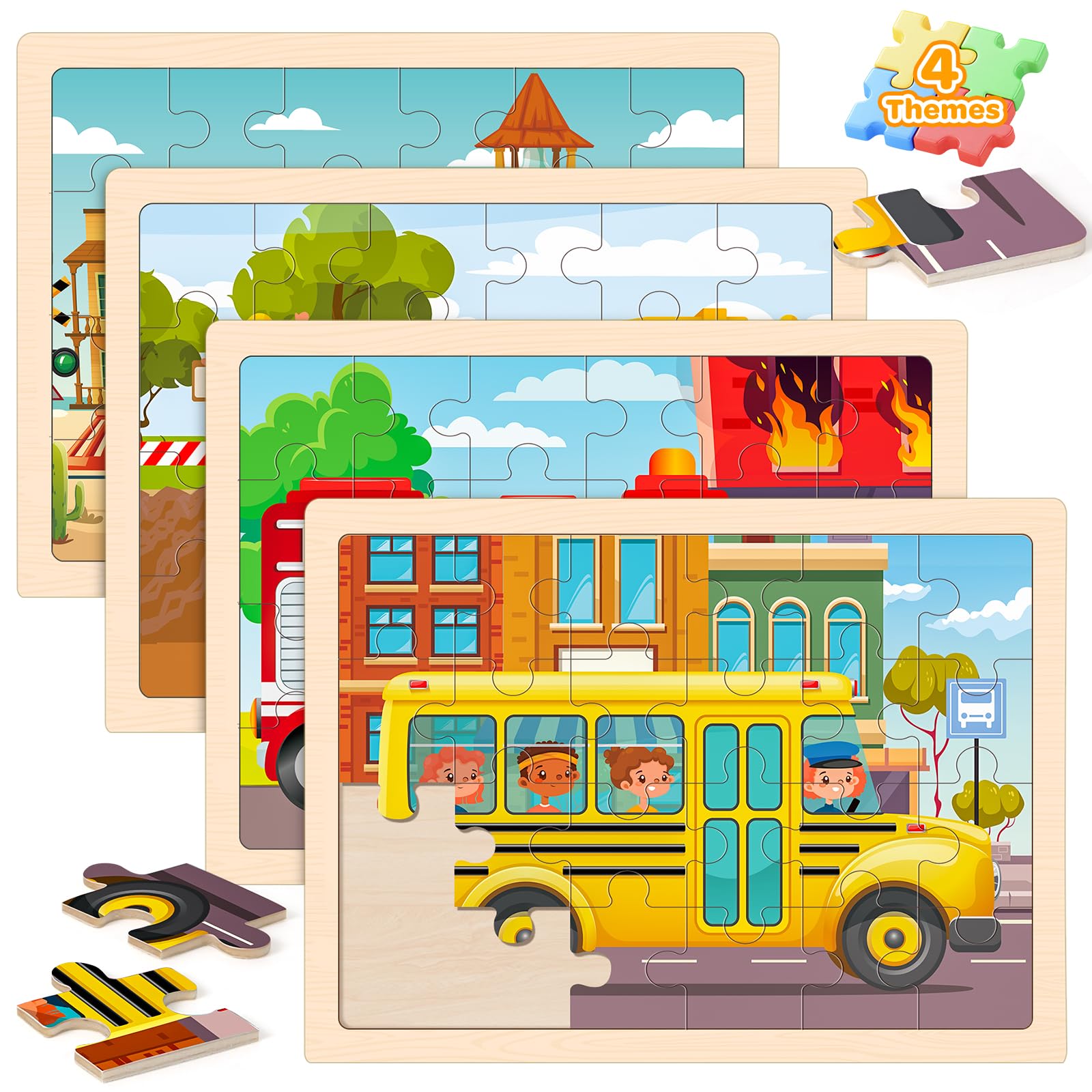 Duchong wooden bus and train puzzle set for kids, boosting spatial awareness.