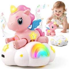 Duchong Follow-Me Unicorn toy engages babies with playful movement during playtime.