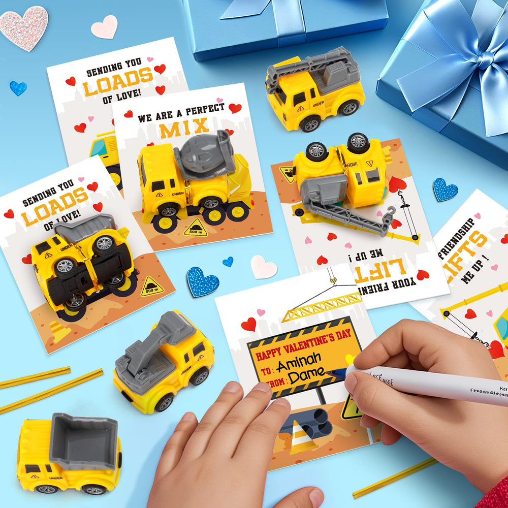 Duchong Valentines truck cards showing cement mixer scene great for gifts and activities