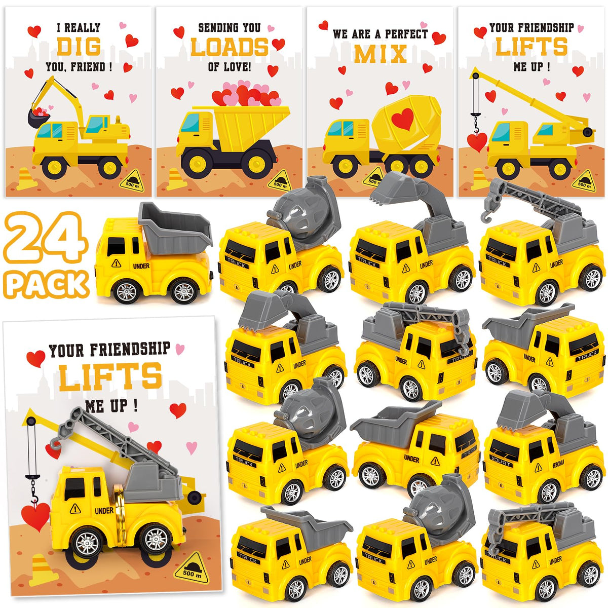 Duchong Valentines truck cards with excavator scene for classroom exchange and kid-friendly gifting