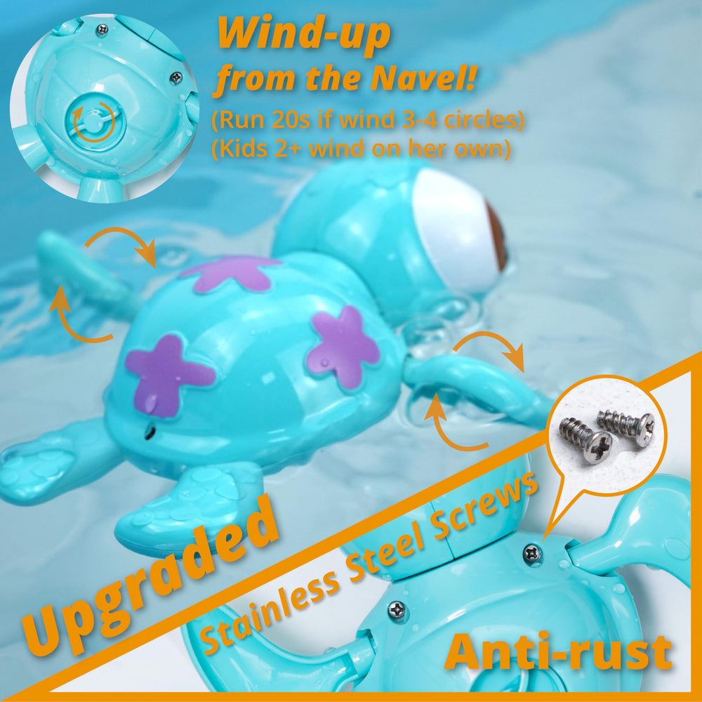 DUCKBOXX XX wind-up sea turtle bath toy blue, durable ABS construction encourages safe play.